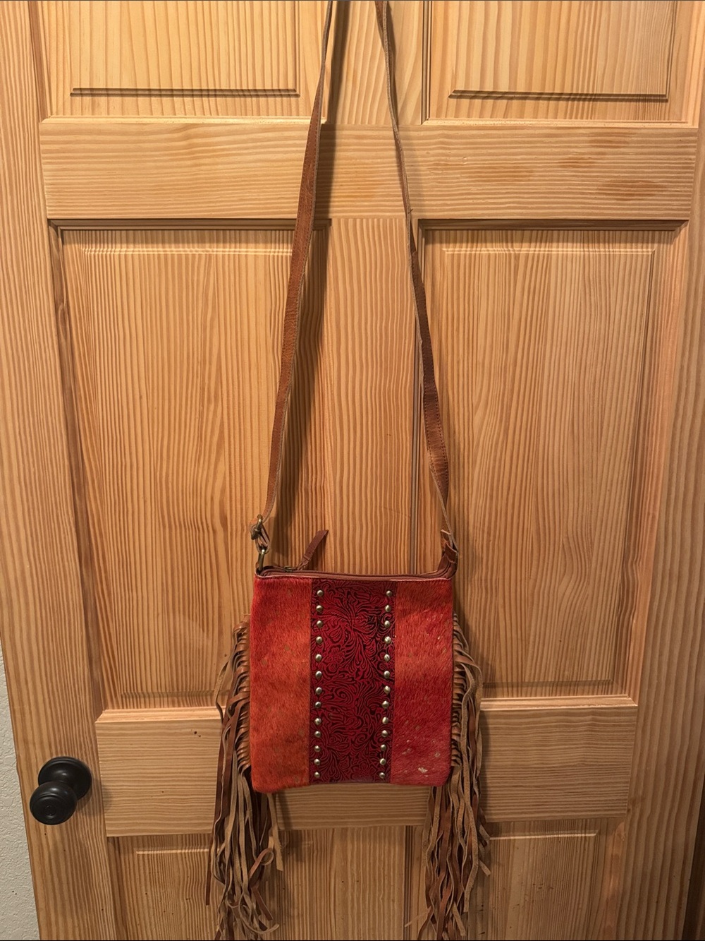 Fringe Red Leather Crossbody Bag with Stud Detail